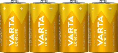 Four Varta Longlife D batteries lined up against a white background.