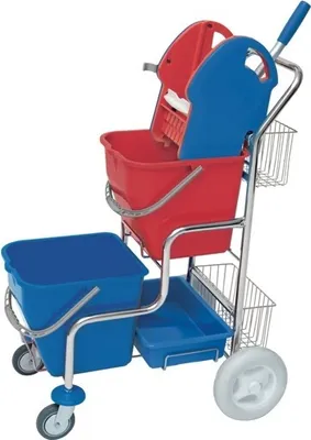 Produktbild von CleanSV®  SPL verchromter Putzwagen mit Moppresse, 2 Körben und 2 Plastikeimern je 20l