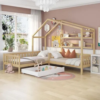 Image de Lit bébé transformable en lit enfant, avec tiroirs et étagères, en bois massif, avec barrière de sécurité et sommier à lattes, structure en L, dimensions 90x200 cm et 140x70 cm, finition naturelle