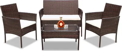 Image de Ensemble de meubles de jardin Clanmacy, marron, meubles de balcon avec coussins, ensemble de balcon en polyrotin avec fauteuil et table, ensemble de meubles de terrasse en rotin pour balcon, jardin, véranda (4 pièces)