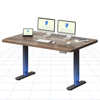 Image de Bureau réglable en hauteur FLEXISPOT CylineX 140 x 80 cm avec pieds élégants arrondis, plateau monobloc de 25 mm, capacité de charge de 80 kg, marron