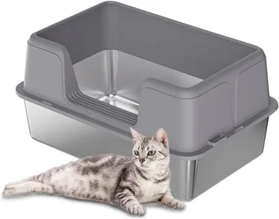 Imagen del producto de Arenero para gatos de acero inoxidable, extra grande, con dimensiones de 60 x 40 x 31,5 cm, con paredes altas, ideal para gatos grandes