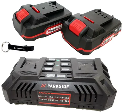 Produktbild von Zestaw HEADNMORE® - podwójna ładowarka PARKSIDE® 20V PDSLG 20 + 2x akumulator 2Ah + brelok HEADNMORE®