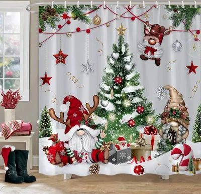 A Christmas-themed shower curtain with gnomes, a Christmas tree, and presents.