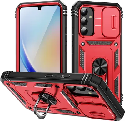 Produktbild von Galaxy A34 Hülle, Schiebe Kamera Schutz Stoßfest Schutzhülle mit Ringhalterung Ständer für Samsung Galaxy A34 Rot