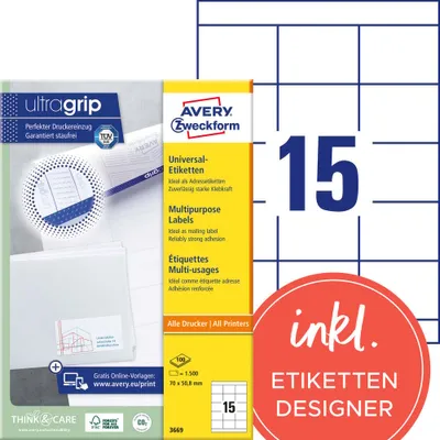 Produktbild von Avery Zweckform 3669 Universal-Etiketten, A4 mit ultragrip, Adressaufkleber 70 x 50,8 mm, weiß