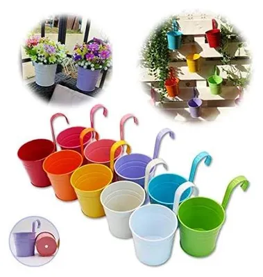 Produktbild von Blumentöpfe zum Aufhängen, Blumentopf Hängend aus Metall, Bunt Hänge Blumentopf für Balkon, Zaun, Garten, Wand, Robuster Hängetopf mit Abnehmbarem Haken & Ablaufloch, 10-Set