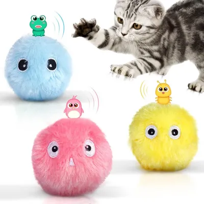 Produktbild von Piepende Katzenspielzeugbälle, 3er-Pack, flauschiger interaktiver Katzen-Kicker, lebensechte Tiergeräusche