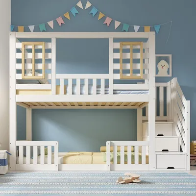 Produktbild von Etagenbett 90x200 cm Weiß im Hüttenstil mit Holzfenstern und Treppenschrank, Kinderbett mit 2 Liegeflächen, Lattenrost inklusive, EN 747, ohne Matratz