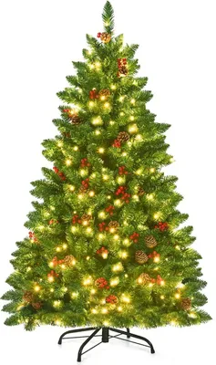 Obrázek produktu pro COSTWAY 135cm umělý vánoční stromek s teplými bílými LED diodami, kovový stojan, šišky, červené bobule a skládací systém, , vánoční stromek PVC jehličí, zelený