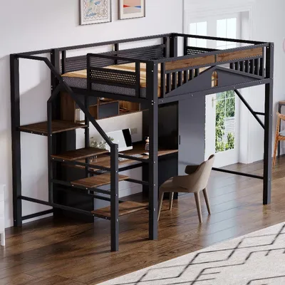 Produktbild von Metall Hochbett 140x200 schwarz mit Fensterdesign, Sicherheitsleiter und Stauraum unter dem Bett, 255x145x170cm