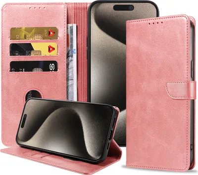 Produktbild von Fit für iPhone 15 Pro Max Handyhülle Kunstleder mit magnetischer Lippe und Kartenhalter Buchhülle mit Klappe - Pink - Smartphonica