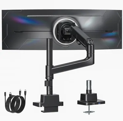 Immagine prodotto di Braccio singolo robusto per monitor da 17-57 pollici, fino a 27 kg, con sistema a gas, supporto monitor curvo regolabile per scrivania, compatibile con standard VESA 75/100 mm