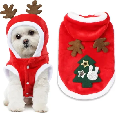 Produktbild von Weihnachtskleidung Hund Katze L – Hundeweihnachtskostüm mit Kapuze – Weihnachtsanzug für Hunde & Katzen – Hundebekleidung – Weihnachtsoutfit – Rot