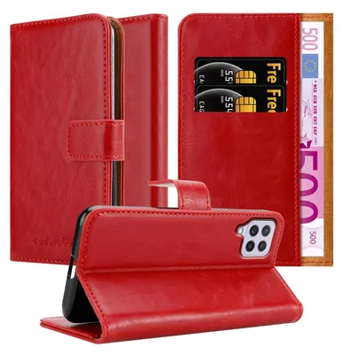 A red leather flip case for a smartphone, shown open to reveal card slots and a banknote.