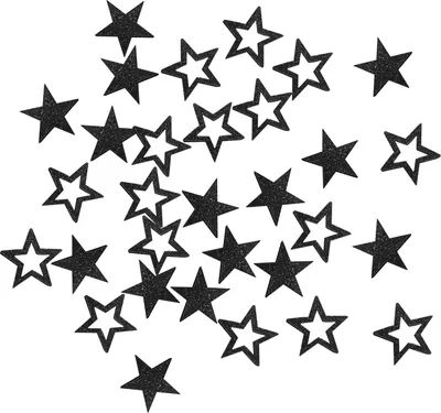 A collection of black star-shaped confetti scattered on a white background.