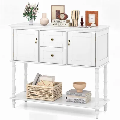 Productafbeelding van COSTWAY Vintage console tafel met 2 lades en 2 kastjes, smalle gangtafel met open vak aan de onderkant en antikeilig, instaptafel, bijzettafel, wit