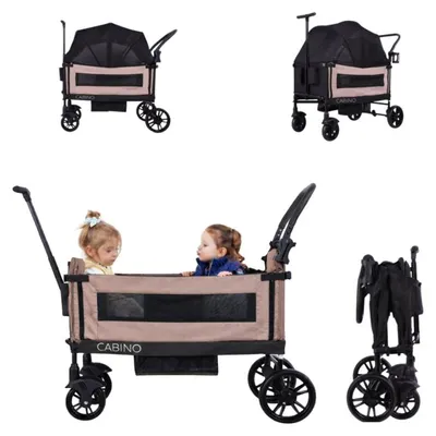 Produktbild von Cabino Bollerwagen Waggie Schwarz/Taupe – faltbarer Handwagen für 2 Kinder mit Gurten, abnehmbarem Sonnendach, Tablett und Becherhalter, bis 50 kg