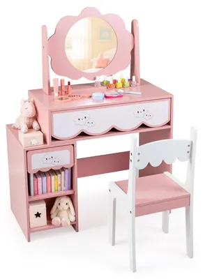 Productafbeelding van COSTWAY Kinder make-uptafel met stoel en 360° spiegel, houten prinsessenmake-uptafel met 2 lades, 2 vakken, een legplank, make-uptafel