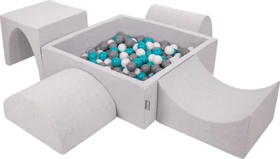 Produktbild von KiddyMoon spielplatz aus schaumstoff mit quadrat bällebad (300 bälle) ballgruben für babys spielbad hindernisläufen, hergestellt in der eu, hellgrau:grau/weiß/türkis