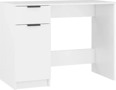 A white desk with two drawers and a cabinet on the left side, set against a white background.
