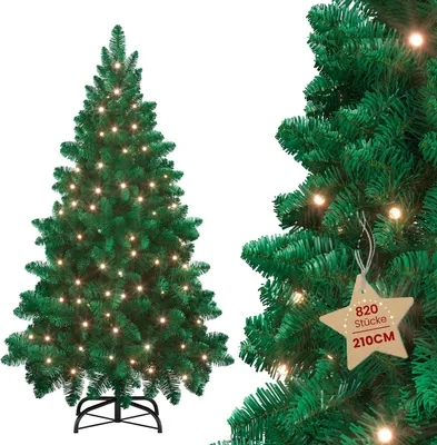 Obrázok produktu pre LILIIN, umelý vianočný stromček, výška 210 cm, zelený, s LED osvetlením, rýchla montáž, s nízkou horľavosťou, vrátane kovového stojanu (2,1 m, zelený)