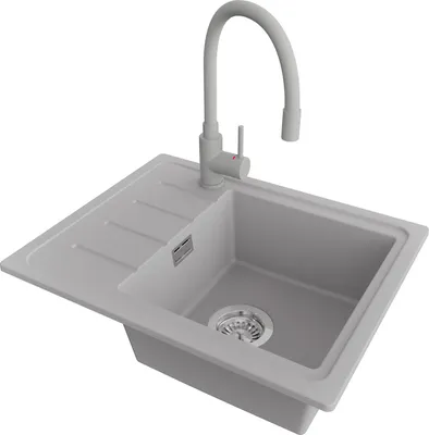 Produktbild von PRIMAGRAN Granitspüle Grau 55x44cm, Spülbecken 1 Becken + Küchenarmatur 38x14cm + Ablauf-Set, Küchenspüle ab 45er Unterschrank - Kopenhagen Easy