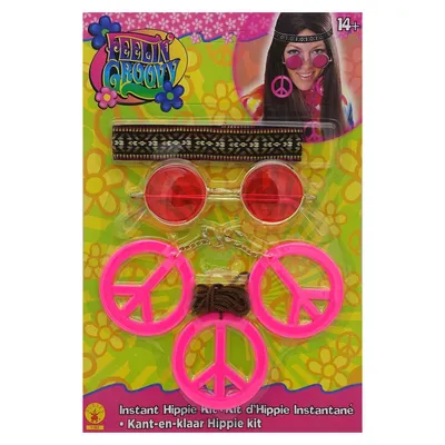 Produktbild von Damen Hippie Set (Stirnband, Brille, Peace-Umhänger und Peace-Ohrclipse)