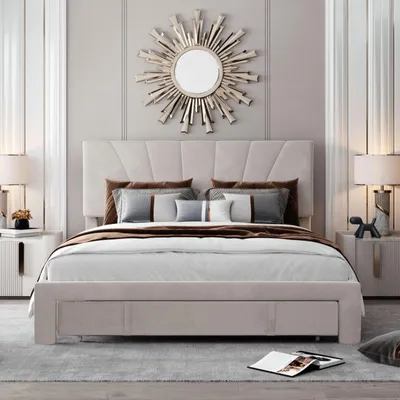 Immagine prodotto di Letto singolo 140x200 cm con grande cassetto e rete a doghe, color beige