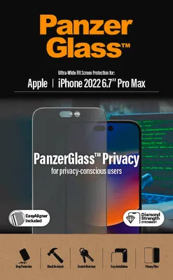 Zdjęcie produktu dla Szkło hartowane PanzerGlass Ultra-Wide Fit antybakteryjne prywatyzujące z pozycjonerem na iPhone 14 Pro Max