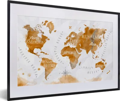 Produktbild von MuchoWow® MuchoWow® Gerahmtes Poster Karte - Gold - Welt 60x40 cm - Poster mit zchwarzem Bilderrahmen - Schlafzimmer - Plakat in Rahmen - Drucken