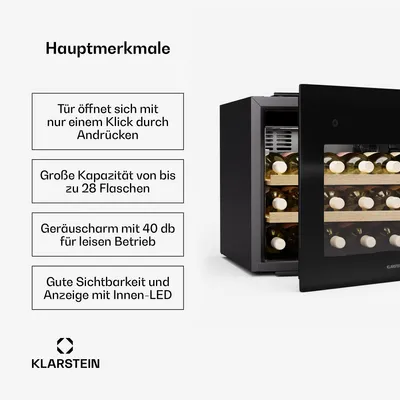 Produktbild von Klarstein Rhone 28 Uno Weinkühlschrank - 28 Flaschen, 1 Zone, 5-20 °C, LED-Steuerung, Push-to-Open-Tür, UV-Schutz, Leiser Betrieb, Schwarz