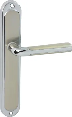 A silver and gray door handle on a white background.