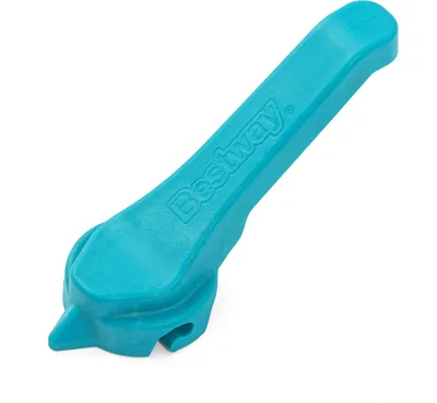 A turquoise plastic handle for a sand filter system.