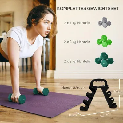 Produktbild von Kurzhantelset, 1-3 kg Gewichte, gummiert, sechseckiges Design, verstellbares Gewicht, inklusive Aufbewahrungsregal