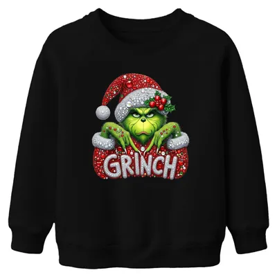 Zdjęcie produktu dla GRINCH – świąteczna bluza z nadrukiem w stylu brokatowym, prezent świąteczny, uni , dla dzieci, kolor czarny, rozmiar 140