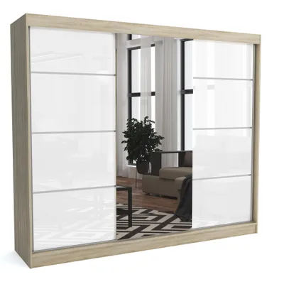 Produktbild von Brent - Kleiderschrank mit Spiegel Suzan, Schlafzimmerschrank mit 1 Kleiderstange und Einlegeböden für Kleidung, 250x215x60 cm, Sonoma Eiche