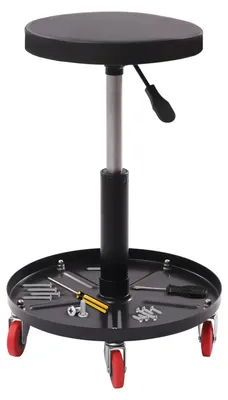 Produktbild von Pneumatischer Montagehocker - Rollbarer Werkstattstuhl - Höhenverstellbar 44–56 cm - 360° drehbar - Werkzeugablage Ø 38 cm - Belastbar bis 136 kg - Schwarz