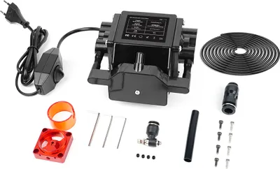 A collection of accessories for a laser engraving machine, including a power cord, a control switch, a red base, an orange ring, metal rods, a pneumatic fitting, a black tube, a black coil, and a black connector.