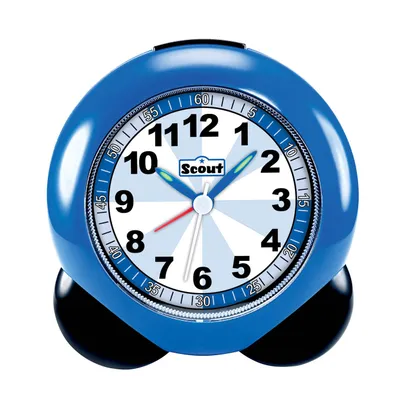 A blue alarm clock with a white face and black feet.