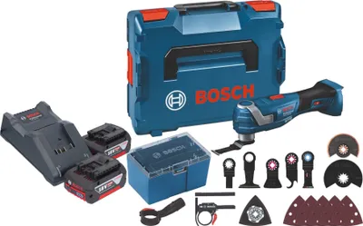 Zdjęcie produktu dla Bosch GOP 18V-34 Professional Akumulatorowa przecinarka wielofunkcyjna 18 V Starlock Plus + 2x akumulator 4,0 Ah + ładowarka + 17 akcesoriów + L-Boxx