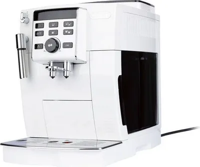 A white DeLonghi coffee machine is shown against a white background.