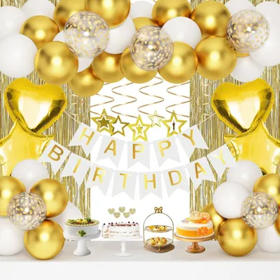 Produktbild von Geburtstagsdekoration Set Happy Birthday Banner Gold Fransenvorhang Ballons Girlanden