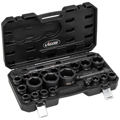 Produktbild von VIGOR Schlagschrauber Steckschlüssel Satz, V6521, 3/4 (20 mm) Vierkant hohl, 1 (25 mm) Vierkant hohl, Außen Sechskant Profil, 24-tlg., 21 - 65 mm, A