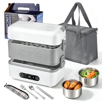 Elektrische Lunchbox 2,4 l, 4 Edelstahlbehälter, Dampfheizung, digital