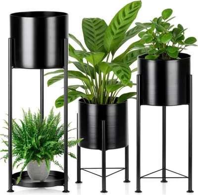 Image de Vilde | Set de supports pour plantes - 3 pièces - Supports à fleurs en métal - Noir - Avec pots de fleurs