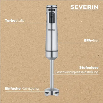 A silver immersion blender with text labels pointing to its features against a textured brown background.