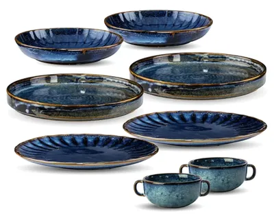 Zdjęcie produktu dla VERLO, zestaw porcelanowych naczyń "Deep Blue", 8 elementów, ciemnoniebieski