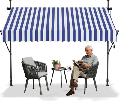 Produktbild von LARS360 Blau-weiß 250cm Klemmmarkise Balkonmarkise mit Handkurbel ohne Bohren Höhenverstellbar Sonnenschutz wasserdicht 200cm breit