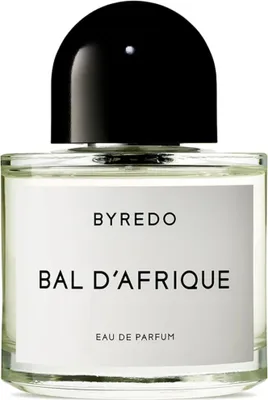 A close-up studio shot of a Byredo Bal D'Afrique Eau de Parfum bottle against a white background.